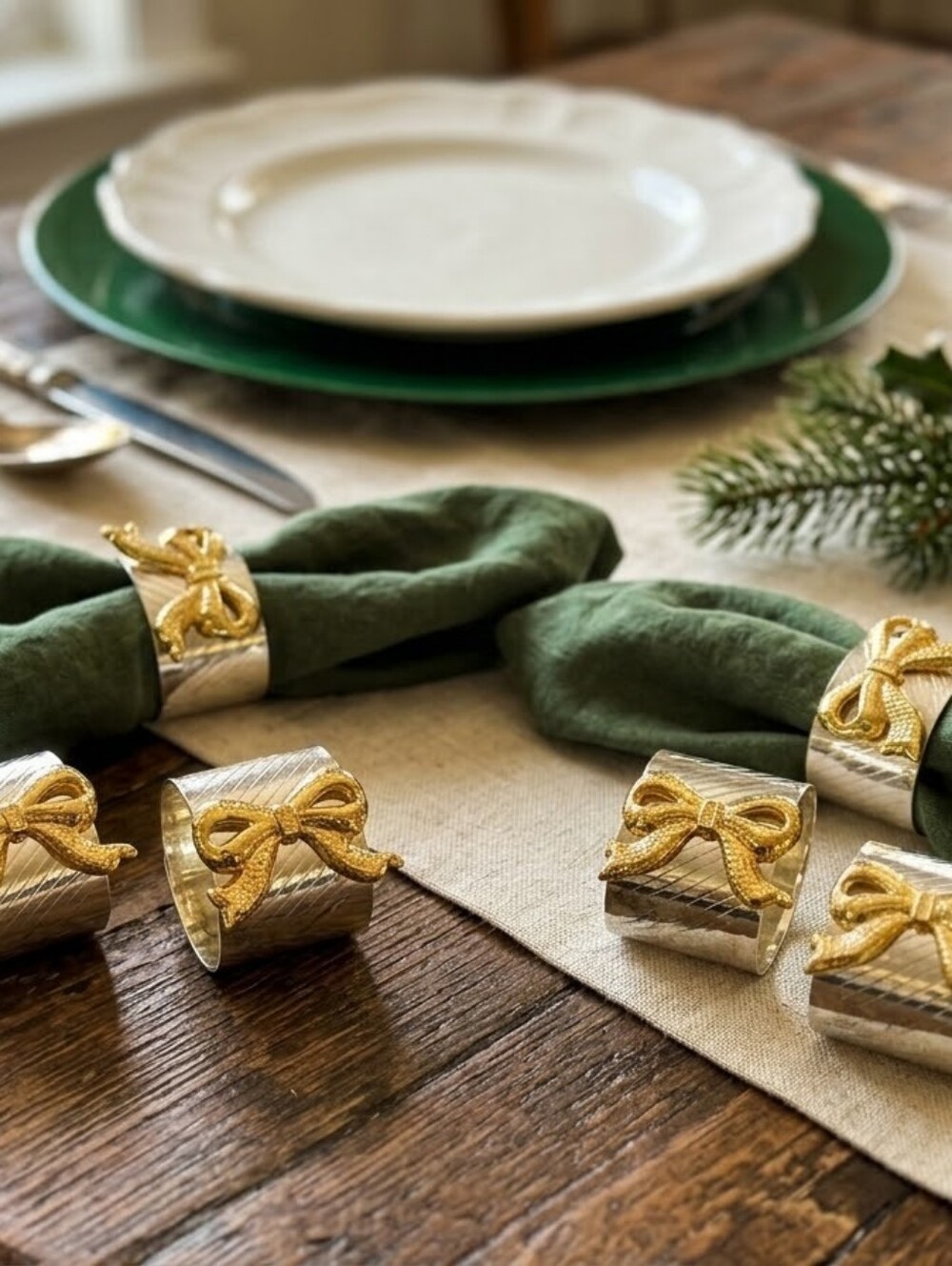 Vintage Two Tone Silver & Gold Bow Napkin Rings Set of 4 Textured Ribbon